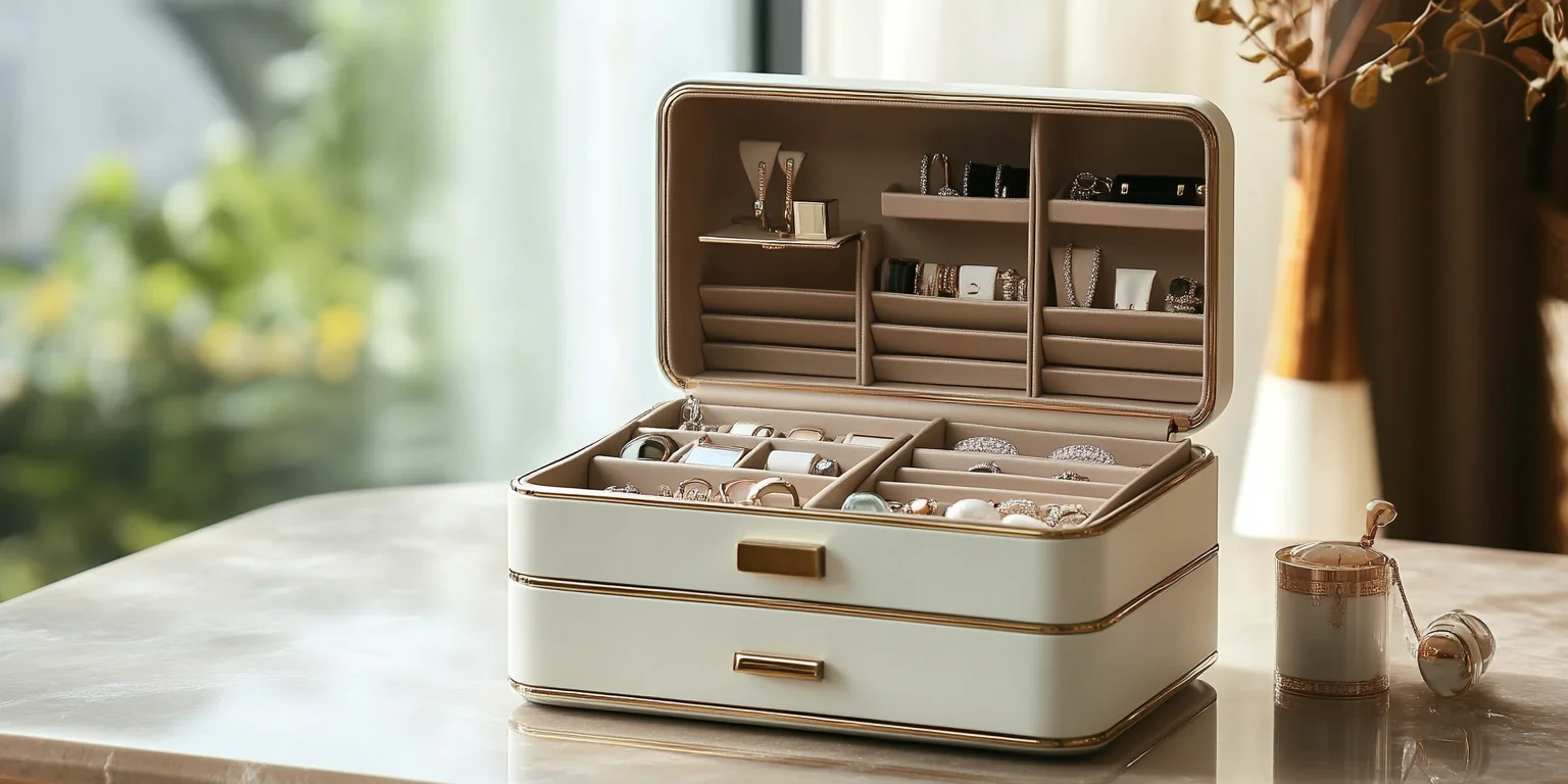 High-end custom jewelry boxes with logo, open and closed, with compartments.